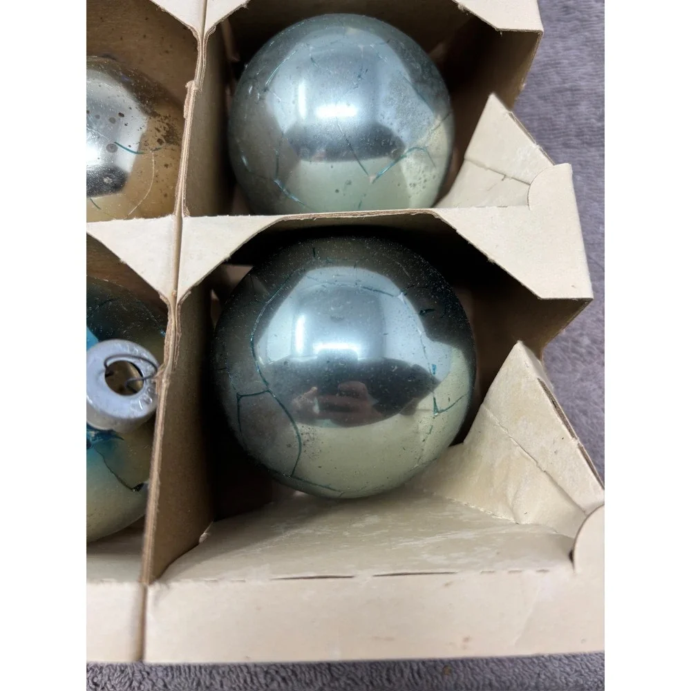 Vintage Shiny Brite Glass Ornaments Blue Silver Fair 12pc Set MCM USA Made Box